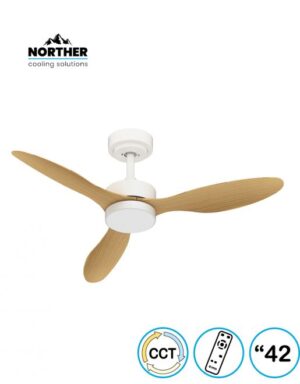 מאוורר תקרה 42" VERMONT +שלט ולד 24W CCT לבן+עץ NORTHER