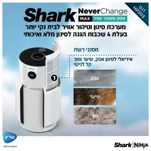 ⁦מסנן ומטהר אוויר NeverChange SHARK HP303 יבואן רשמי⁩ – תמונה ⁦4⁩
